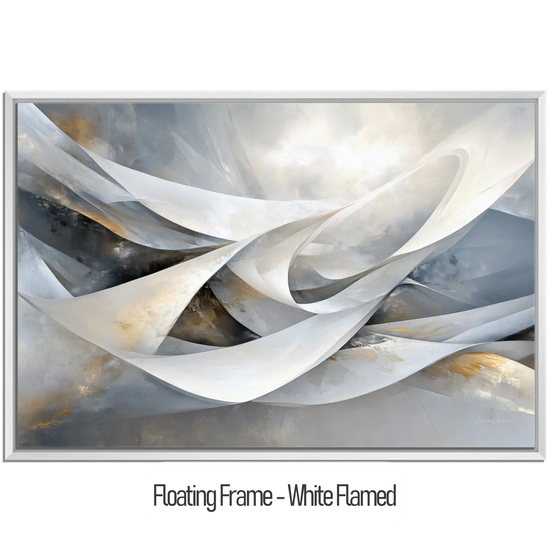 Abstract Collection | Shimmering Tide | Abstract Minimalist Flow with Metallic Accents by Roderick Sebastiaan | WoodenFloaterFrame-White-Flamed_73ff1f02-89bd-4a8d-ad48-bd3d200428d2