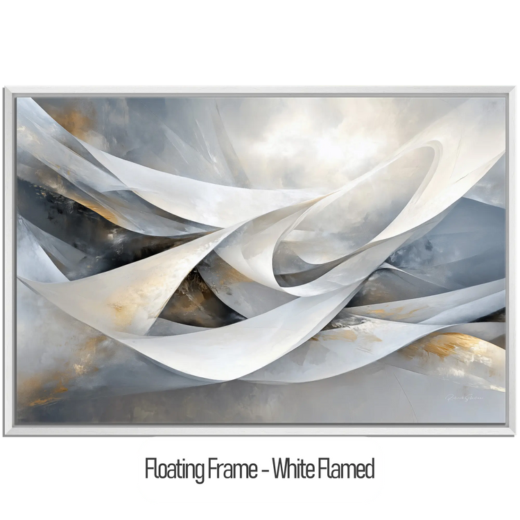 Abstract Collection | Shimmering Tide | Abstract Minimalist Flow with Metallic Accents by Roderick Sebastiaan | WoodenFloaterFrame-White-Flamed_73ff1f02-89bd-4a8d-ad48-bd3d200428d2