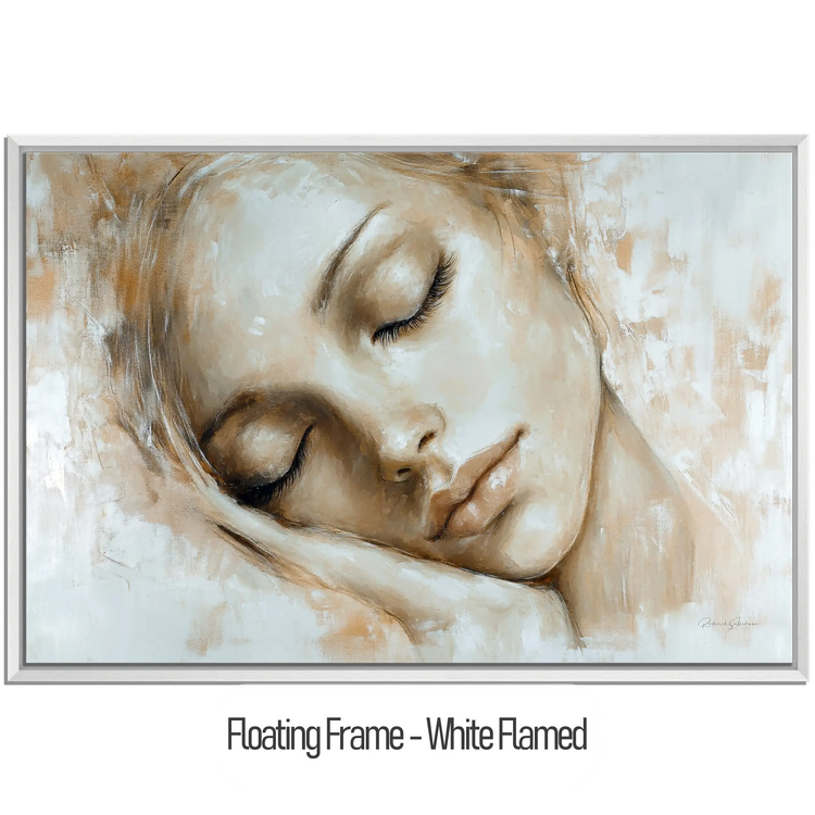 Feminine Collection | Tranquil Slumber | Serene Portrait in Soft Neutrals and Warm Hues by Roderick Sebastiaan | WoodenFloaterFrame-White-Flamed_7539a2d7-4fe8-4df7-9e26-9c1798857cb1