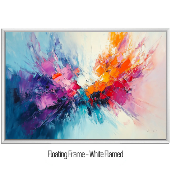 Abstract Collection | Fires of Renewal | Dynamic Abstract Burst in Vivid Hues of Orange and Purple by Roderick Sebastiaan | WoodenFloaterFrame-White-Flamed_7f0e2e8c-7085-45e4-8b13-0db4bfccd976