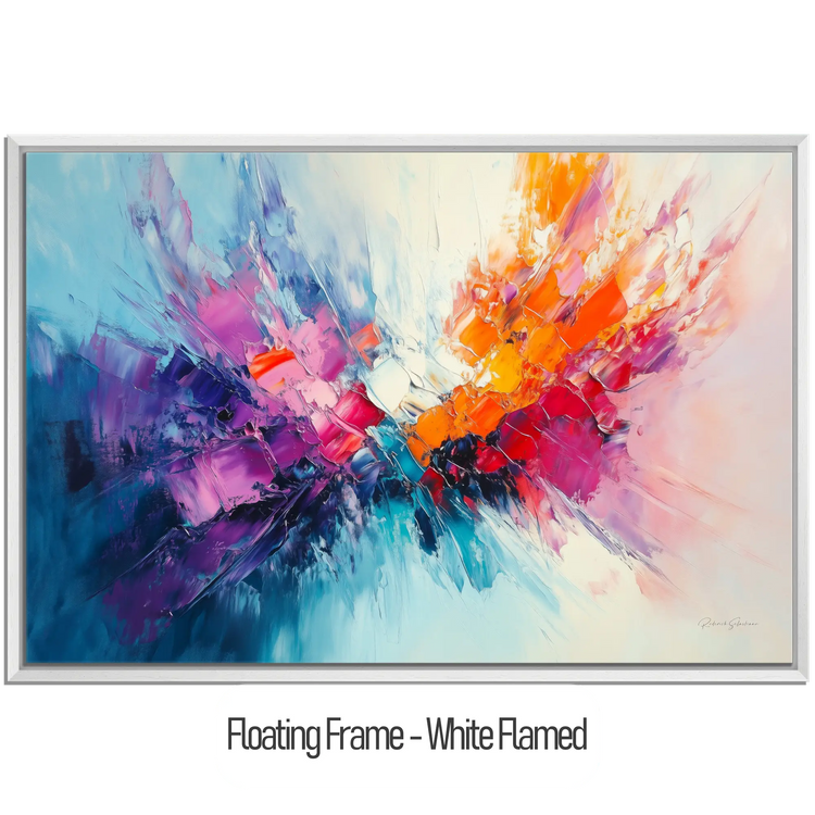 Abstract Collection | Fires of Renewal | Dynamic Abstract Burst in Vivid Hues of Orange and Purple by Roderick Sebastiaan | WoodenFloaterFrame-White-Flamed_7f0e2e8c-7085-45e4-8b13-0db4bfccd976