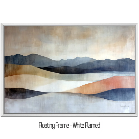 Abstract Collection | Shifting Sands | Serene Landscape in Muted Earth Tones and Blue Hues by Roderick Sebastiaan | WoodenFloaterFrame-White-Flamed_87e46ad5-daac-407c-a493-fafe73d32417