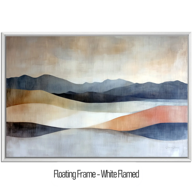 Abstract Collection | Shifting Sands | Serene Landscape in Muted Earth Tones and Blue Hues by Roderick Sebastiaan | WoodenFloaterFrame-White-Flamed_87e46ad5-daac-407c-a493-fafe73d32417