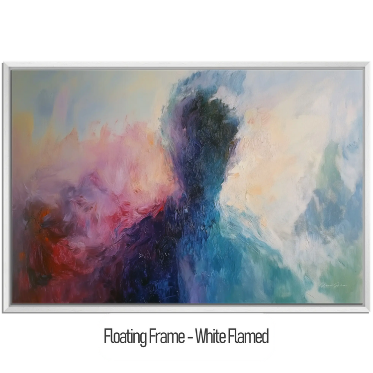 Abstract Collection | Fading Memories | Abstract Silhouette with Vibrant Blues and Pinks by Roderick Sebastiaan | WoodenFloaterFrame-White-Flamed_995cfe53-bddc-42f3-9224-182736f27dd9