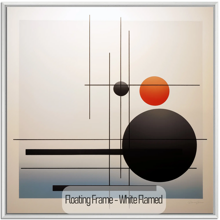 Minimalism Collection | Conjunction of the Spheres | Modern Minimalist Art for Elegant Decor by Roderick Sebastiaan | WoodenFloaterFrame-White-Flamed_a33719b2-b2fe-420a-9fc8-e15f26d8257f