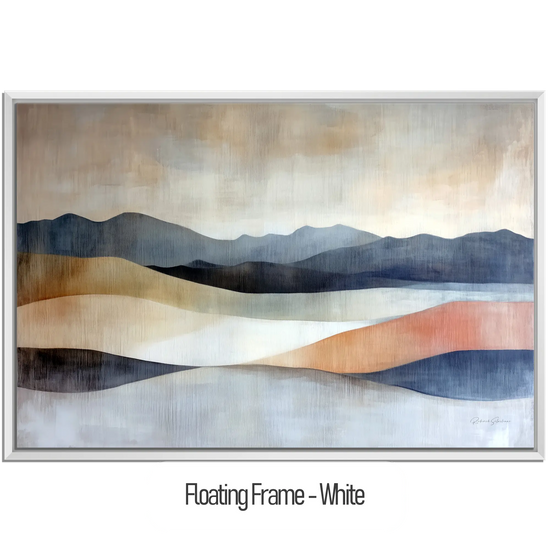 Abstract Collection | Shifting Sands | Serene Landscape in Muted Earth Tones and Blue Hues by Roderick Sebastiaan | WoodenFloaterFrame-White_3be050da-c5c4-4ee3-a2c7-d893dd9fb61c