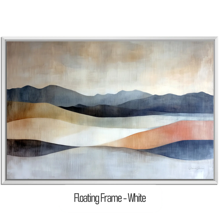 Abstract Collection | Shifting Sands | Serene Landscape in Muted Earth Tones and Blue Hues by Roderick Sebastiaan | WoodenFloaterFrame-White_3be050da-c5c4-4ee3-a2c7-d893dd9fb61c