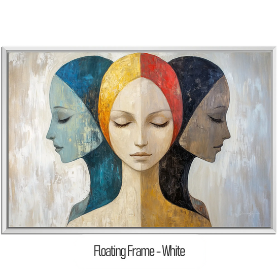 Feminine Collection | Silent Reflections | Symbolic Abstract Trio with Earthy and Vibrant Hues by Roderick Sebastiaan | WoodenFloaterFrame-White_59088b8d-1ccf-4313-bca7-dd4b94ae9caf