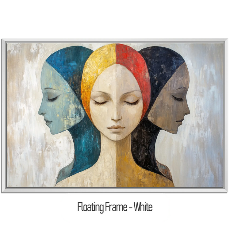 Feminine Collection | Silent Reflections | Symbolic Abstract Trio with Earthy and Vibrant Hues by Roderick Sebastiaan | WoodenFloaterFrame-White_59088b8d-1ccf-4313-bca7-dd4b94ae9caf