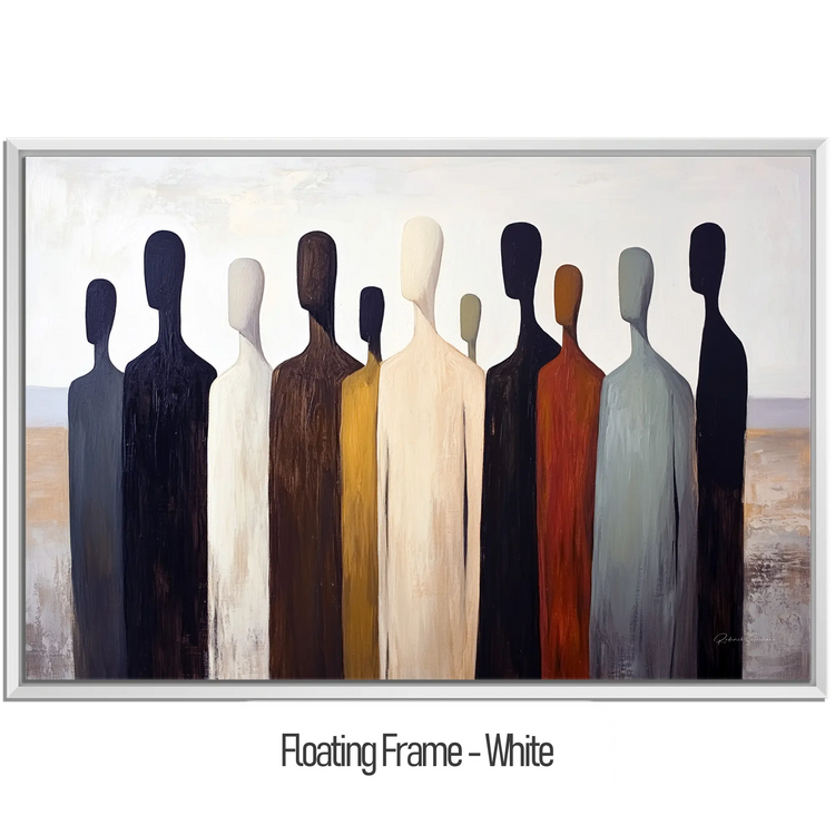 Male Collection | Gathering Shadows | Minimalist Silhouette Figures in Neutral Tones by Roderick Sebastiaan | WoodenFloaterFrame-White_59f9f99a-53a9-4e9f-893b-b11e325f08e0