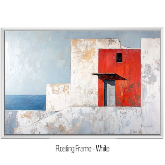 Minimalism Collection | The Red Wall | Mediterranean-Inspired Minimalist Architecture Art by Roderick Sebastiaan | WoodenFloaterFrame-White_6b42f930-5b04-4b2d-b827-b32fbae048c4