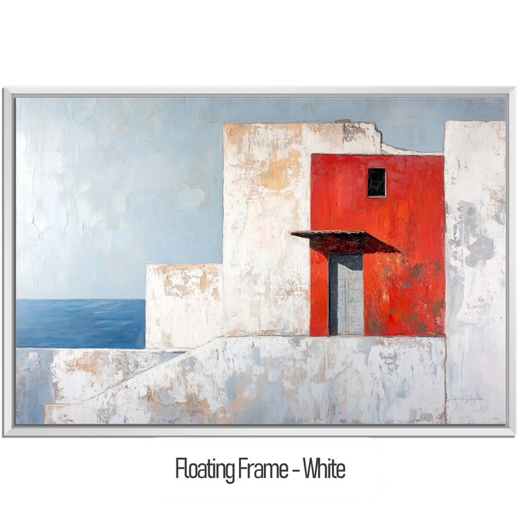 Minimalism Collection | The Red Wall | Mediterranean-Inspired Minimalist Architecture Art by Roderick Sebastiaan | WoodenFloaterFrame-White_6b42f930-5b04-4b2d-b827-b32fbae048c4