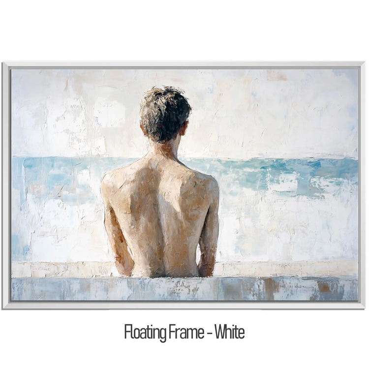 Male Collection | Back to the Sea – Minimalist Figurative Ocean-Inspired Canvas Art by Roderick Sebastiaan | WoodenFloaterFrame-White