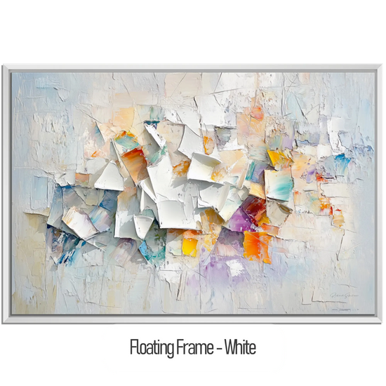 Abstract Collection | Fragments of Hope | Textured Look Abstract with Light Tones and Colourful Accents by Roderick Sebastiaan | WoodenFloaterFrame-White_771e5f8b-fb24-469b-b254-b5ff8fcf9a58