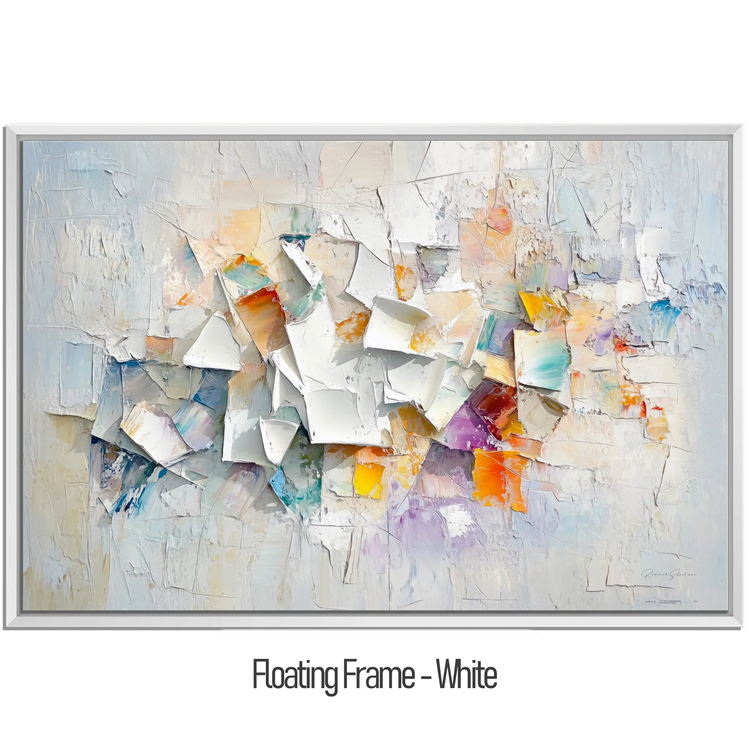 Abstract Collection | Fragments of Hope | Textured Look Abstract with Light Tones and Colourful Accents by Roderick Sebastiaan | WoodenFloaterFrame-White_771e5f8b-fb24-469b-b254-b5ff8fcf9a58