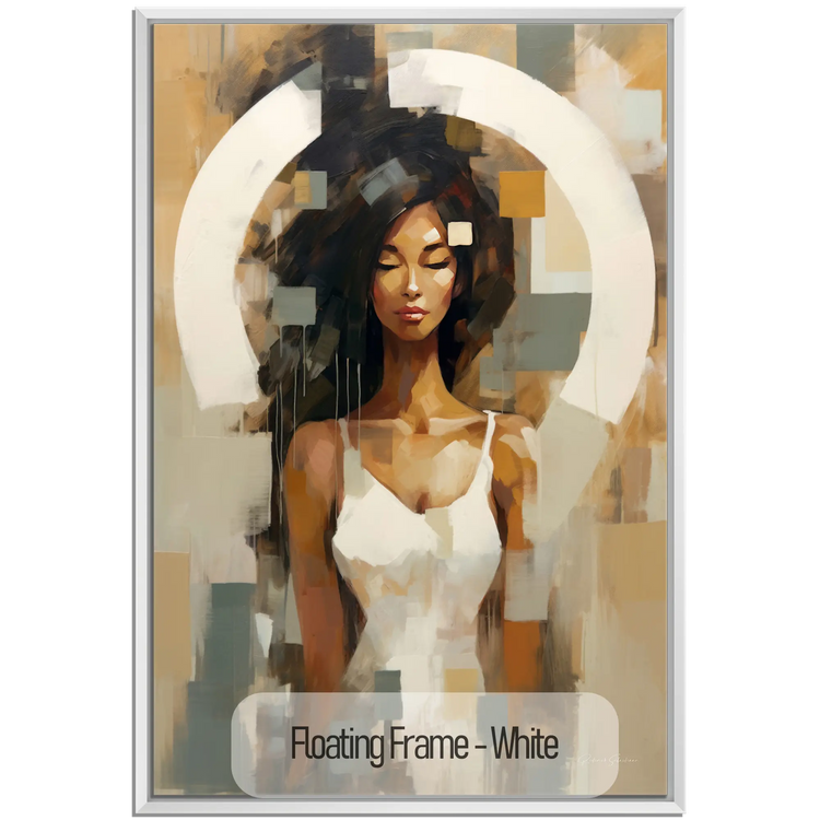 Feminine Collection | Fragmented Serenity | Abstract Realistic Female Portrait on Art Cloth by Roderick Sebastiaan | WoodenFloaterFrame-White_9896fe8a-8e40-45ac-a3ce-20116496bf27