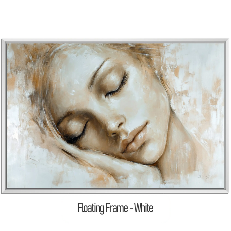 Feminine Collection | Tranquil Slumber | Serene Portrait in Soft Neutrals and Warm Hues by Roderick Sebastiaan | WoodenFloaterFrame-White_cb02feea-3e6b-4d8d-b834-7675d5534e45