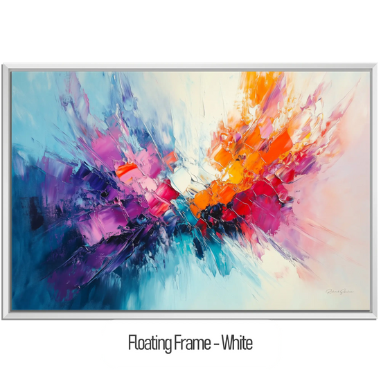 Abstract Collection | Fires of Renewal | Dynamic Abstract Burst in Vivid Hues of Orange and Purple by Roderick Sebastiaan | WoodenFloaterFrame-White_e56d9c3b-c5cc-4825-9815-180da820dd68