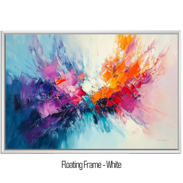 Abstract Collection | Fires of Renewal | Dynamic Abstract Burst in Vivid Hues of Orange and Purple by Roderick Sebastiaan | WoodenFloaterFrame-White_e56d9c3b-c5cc-4825-9815-180da820dd68