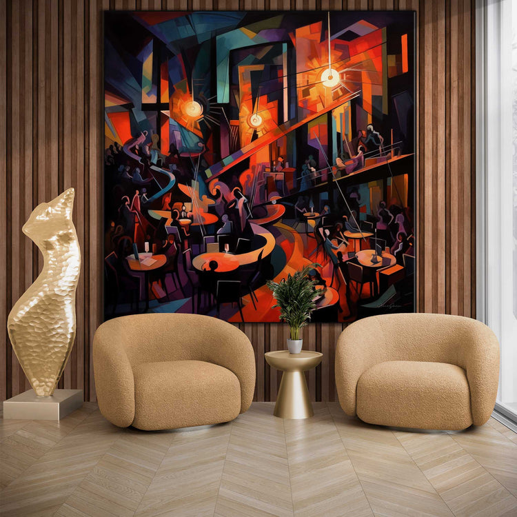 Music Collection | 20's Jazz No.1 | Vibrant Art Deco Jazz Club Print on Art Cloth by Roderick Sebastiaan | Zone-20_sJazzNo.1living-room-with-armchairs-and-sculpture-1x1-1-Panel