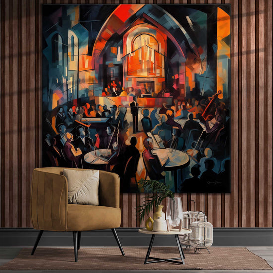 Music Collection | 20's Jazz No.2 | Vibrant & Expressive Art Cloth Print in Art Frame by Roderick Sebastiaan | Zone-20_sJazzNo.2interior-with-armchair-and-candle-lanterns-1x1-1-Panel