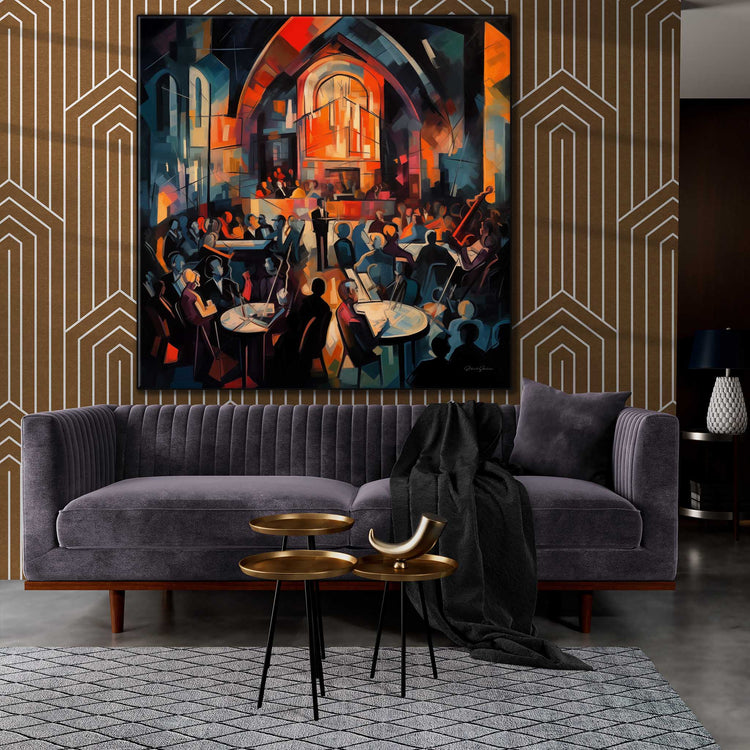 Music Collection | 20's Jazz No.2 | Vibrant & Expressive Art Cloth Print in Art Frame by Roderick Sebastiaan | Zone-20_sJazzNo.2living-room-with-sofa-and-brass-tables-1x1-1-Panel