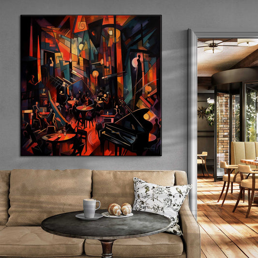 Music Collection | 20's Jazz No.3 | Artistic Swing Session and Abstract Rhythm on Art Cloth by Roderick Sebastiaan | Zone-20_sJazzNo.3cafe-with-sofa-and-table