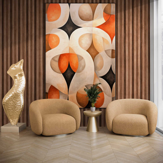 Abstract Collection | Alabaster & Amber | Harmony in Organic Abstraction on Art Cloth by Roderick Sebastiaan | Zone-Alabaster_Amberliving-room-with-armchairs-and-sculpture-2x3-1-Panel_3663c4e4-042f-4a91-9bee-73df759cc421