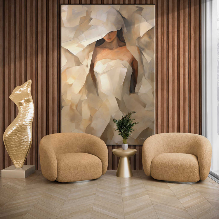 Feminine Collection | Beyond the Veil | Mystical Abstract Portrait in Modern Art Frame by Roderick Sebastiaan | Zone-BeyondtheVeilliving-room-with-armchairs-and-sculpture-2x3-1-Panel