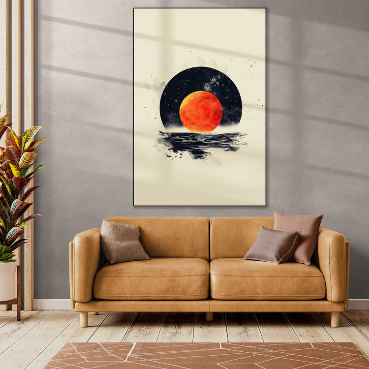 Minimalism Collection | Blood Moon Tide | Mystical Red Moon Seascape Art Print by Roderick Sebastiaan | Zone-BloodMoonTidelarge-bright-living-room-2x3-1-Panel