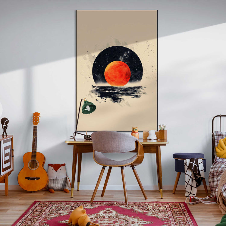 Minimalism Collection | Blood Moon Tide | Mystical Red Moon Seascape Art Print by Roderick Sebastiaan | Zone-BloodMoonTidethe-busy-bedroom