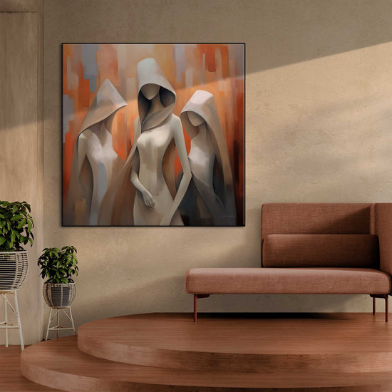 Feminine Collection | Cloaked in Mystery | Warm Toned Ambient Abstract of Mysterious Cloaked Figures by Roderick Sebastiaan | Zone-CloakedinMysteryinterior-with-modern-sofa-on-platform-flooring