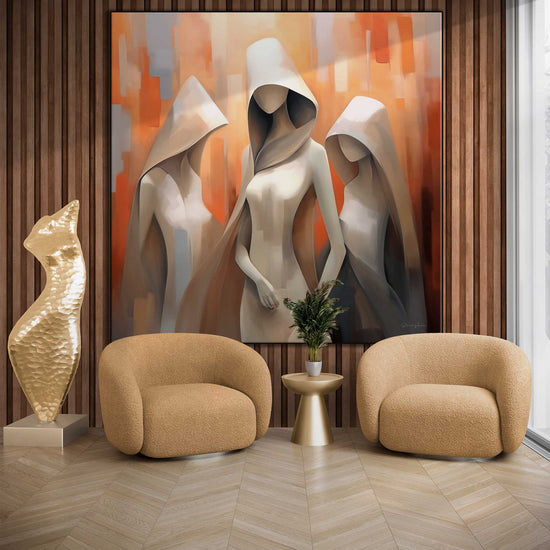 Feminine Collection | Cloaked in Mystery | Warm Toned Ambient Abstract of Mysterious Cloaked Figures by Roderick Sebastiaan | Zone-CloakedinMysteryliving-room-with-armchairs-and-sculpture-1x1-1-Panel