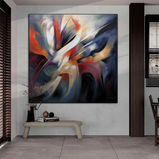 Abstract Collection | Colours of Passion | Passionate Warm Abstraction on Art cloth by Roderick Sebastiaan | Zone-ColorsofPassionopen-plan-room-with-wood-accents