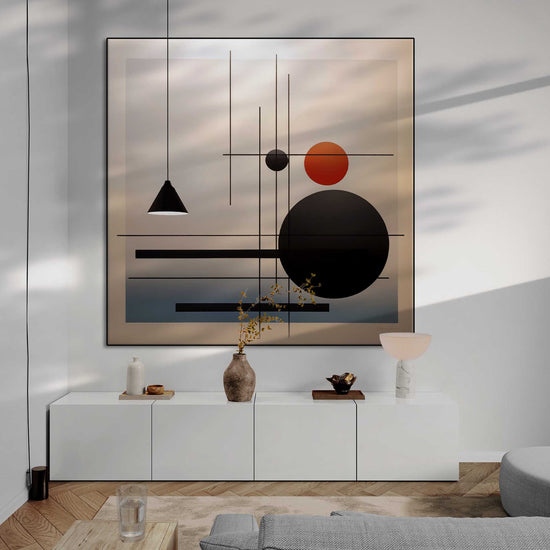 Minimalism Collection | Conjunction of the Spheres | Modern Minimalist Art for Elegant Decor by Roderick Sebastiaan | Zone-ConjunctionoftheSpheresliving-room-with-long-cabinet-and-hanging-light