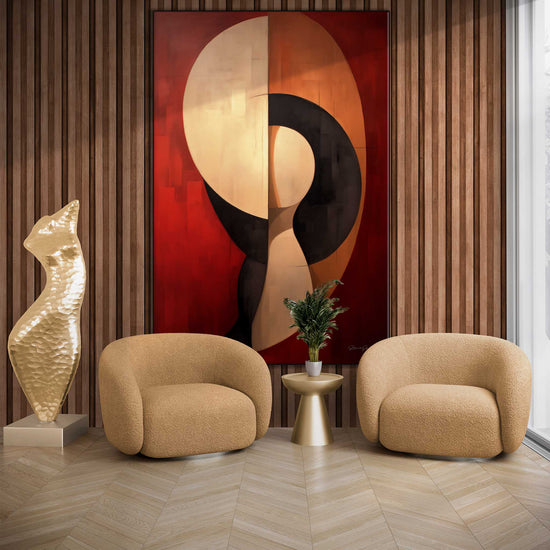 Abstract Collection | Crimson Dance | Fiery Red Abstract Dance on Modern Art Frame by Roderick Sebastiaan | Zone-CrimsonDanceliving-room-with-armchairs-and-sculpture-2x3-1-Panel