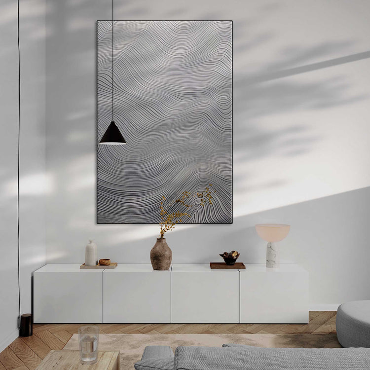 Minimalism Collection | Deserto d'Avorio | Soothing Zen Waves in Abstract Minimalism by Roderick Sebastiaan | Zone-Desertod_Avorioliving-room-with-long-cabinet-and-hanging-light