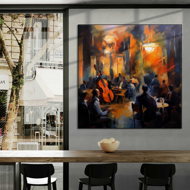 Music Collection | Echoes of Bourbon Street | Vibrant New Orleans Jazz Club Art Print by Roderick Sebastiaan | Zone-EchoesofBourbonStreetcity-cafe-with-window-views