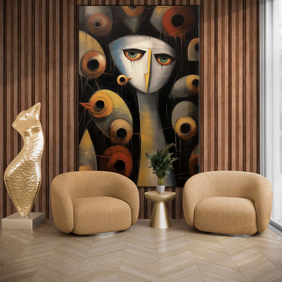 Abstract Collection | Enigmatic Watcher | Intriguing & Abstract Visual Story on Art Frame by Roderick Sebastiaan | Zone-EnigmaticWatcherliving-room-with-armchairs-and-sculpture-2x3-1-Panel