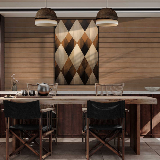 Geometry Collection | Espresso Diamond | Harmonic Pattern of Restful Earthen Tones by Roderick Sebastiaan | Zone-EspressoDiamonddining-area-with-solid-wood-table