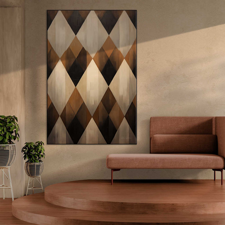 Geometry Collection | Espresso Diamond | Harmonic Pattern of Restful Earthen Tones by Roderick Sebastiaan | Zone-EspressoDiamondinterior-with-modern-sofa-on-platform-flooring