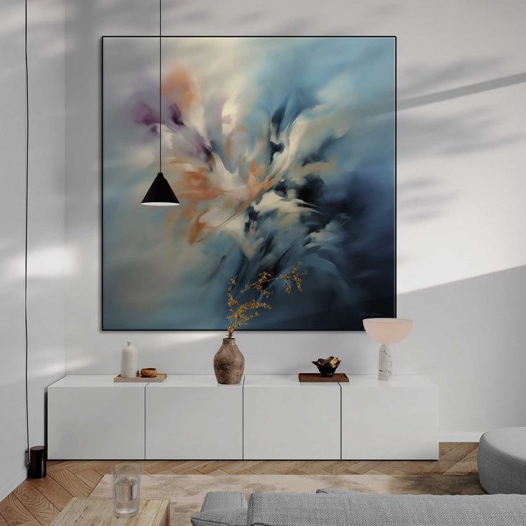 Abstract Collection | Forces of Creation | Abstract Cosmic Dance of the Elements by Roderick Sebastiaan | Zone-ForceofCreationliving-room-with-long-cabinet-and-hanging-light