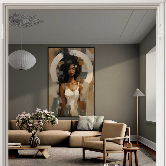 Feminine Collection | Fragmented Serenity | Abstract Realistic Female Portrait on Art Cloth by Roderick Sebastiaan | Zone-FragmentedSerenityclassic-living-room-with-a-large-sofa