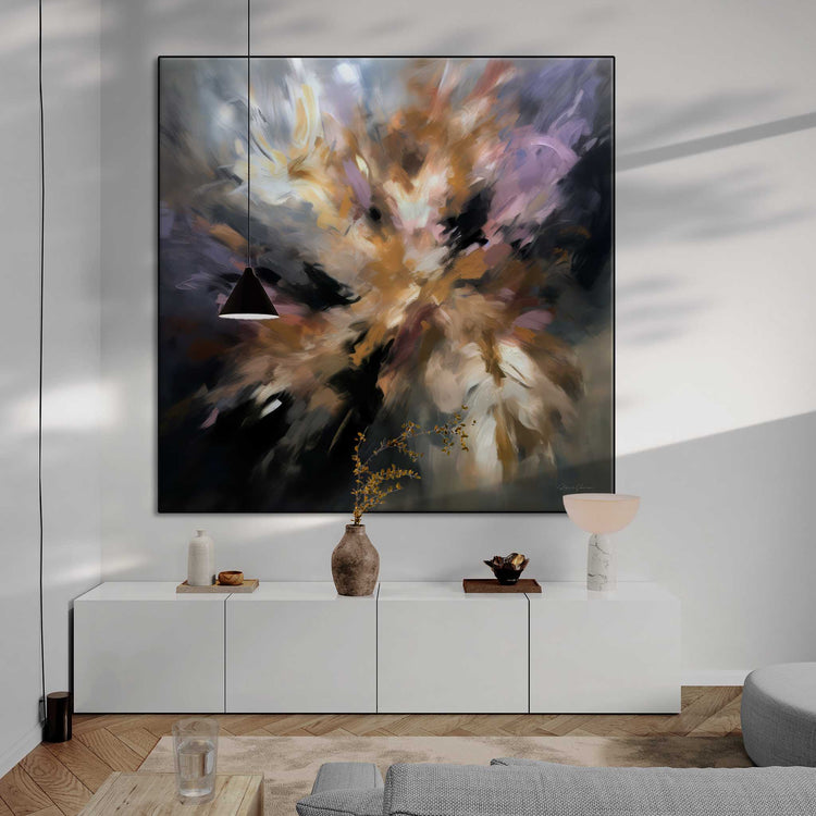 Botanical Collection | Frenesia Floreale | Enchanting Abstraction of Flowers on Art Cloth by Roderick Sebastiaan | Zone-FrenesiaFlorealeliving-room-with-long-cabinet-and-hanging-light