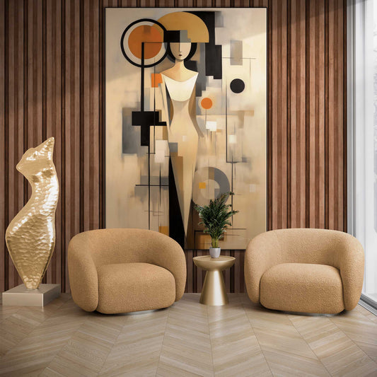 Abstract Collection | Graceful Geometry | Art Deco Inspired Woman Figure Portrait on Art Cloth by Roderick Sebastiaan | Zone-GracefulGeometryliving-room-with-armchairs-and-sculpture-2x3-1-Panel