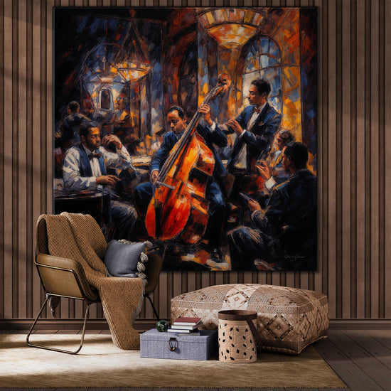 Music Collection | Jazz Quartet | Expressive Abstraction of Lively Jazz Scene on Art Cloth by Roderick Sebastiaan | Zone-JazzQuartetliving-room-with-chair-and-large-pouf-1x1-1-Panel