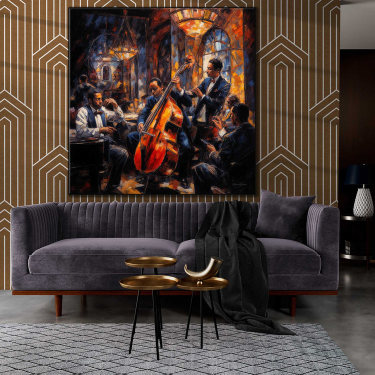 Music Collection | Jazz Quartet | Expressive Abstraction of Lively Jazz Scene on Art Cloth by Roderick Sebastiaan | Zone-JazzQuartetliving-room-with-sofa-and-brass-tables-1x1-1-Panel