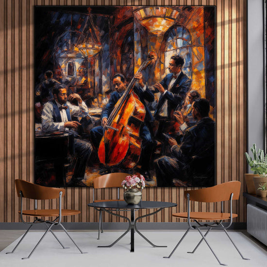 Music Collection | Jazz Quartet | Expressive Abstraction of Lively Jazz Scene on Art Cloth by Roderick Sebastiaan | Zone-JazzQuartetsunroom-with-table-and-chairs-1x1-1-Panel