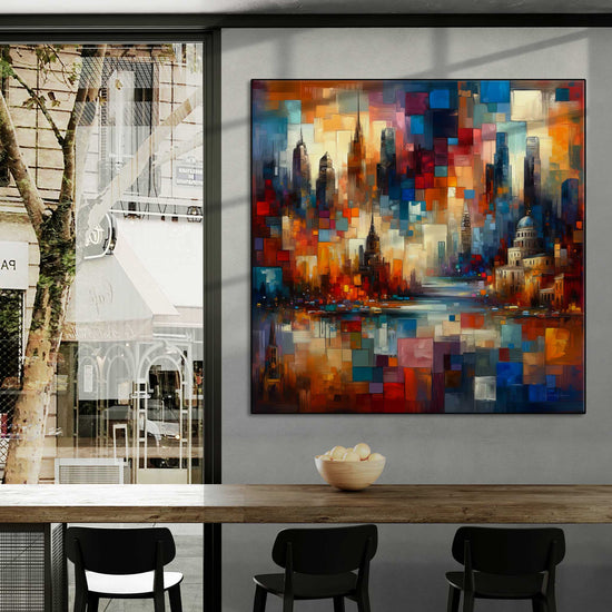 Geography Collection | Journey Around the World | Colourful Urban Mosaic on Art Cloth and Frame by Roderick Sebastiaan | Zone-JourneyAroundtheWorldcity-cafe-with-window-views