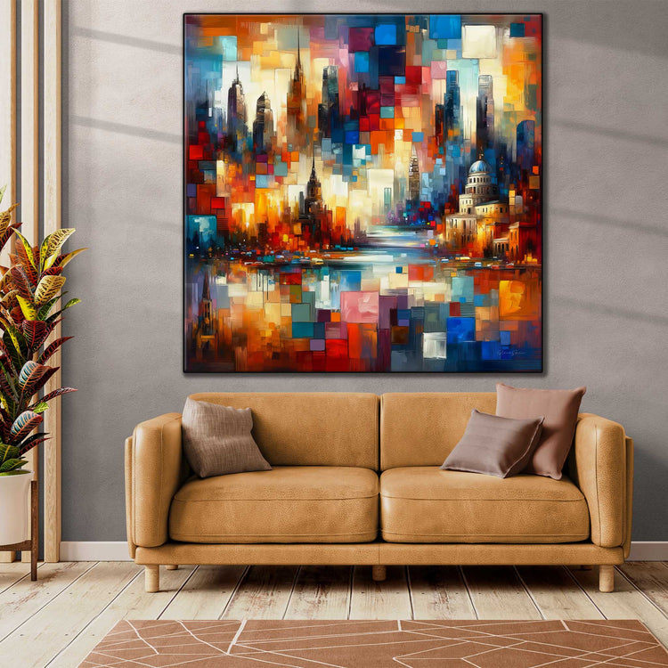 Geography Collection | Journey Around the World | Colourful Urban Mosaic on Art Cloth and Frame by Roderick Sebastiaan | Zone-JourneyAroundtheWorldlarge-bright-living-room-1x1-1-Panel